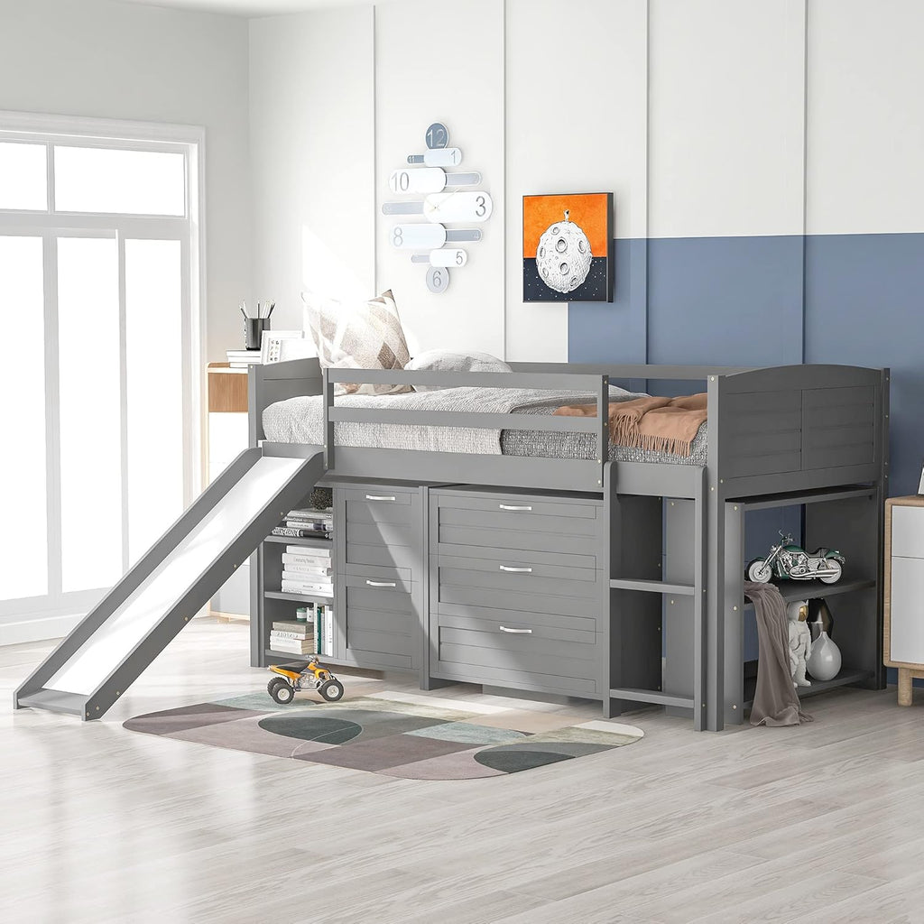 Twin Loft Bed with Slide, Ladder and Guardrail Q889
