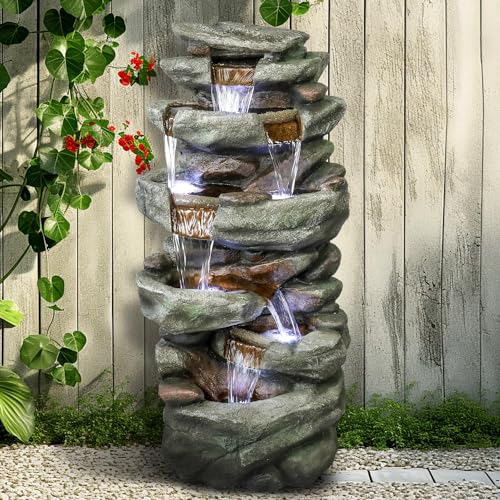 40" High 6-Tiers Cascading Rock Outdoor Water Fountain with LED Lights L3104