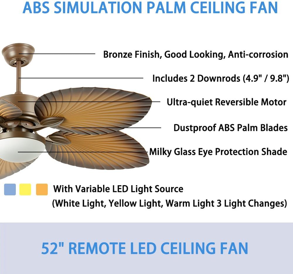 52" Tropical Palm Ceiling Fan with LED Light and Five Palm Leaf Blades - New Bronze Finish O9532