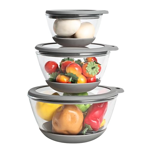 Glass Mixing Bowls Set of 3 with Airtight Lids, Non-Slip Silicone Base, Sizes: 2.2, 1.1, 0.5 QT Q224
