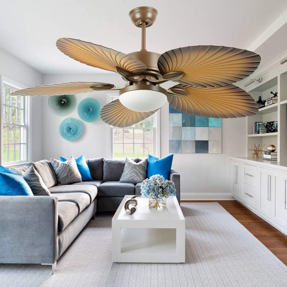 52" Tropical Palm Ceiling Fan with LED Light and Five Palm Leaf Blades - New Bronze Finish O9532