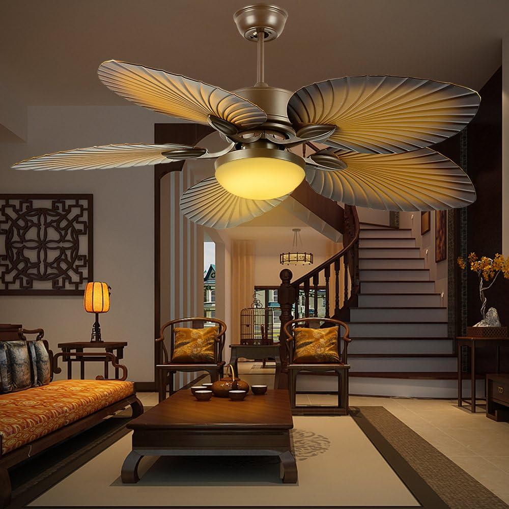 52" Tropical Palm Ceiling Fan with LED Light and Five Palm Leaf Blades - New Bronze Finish O9532