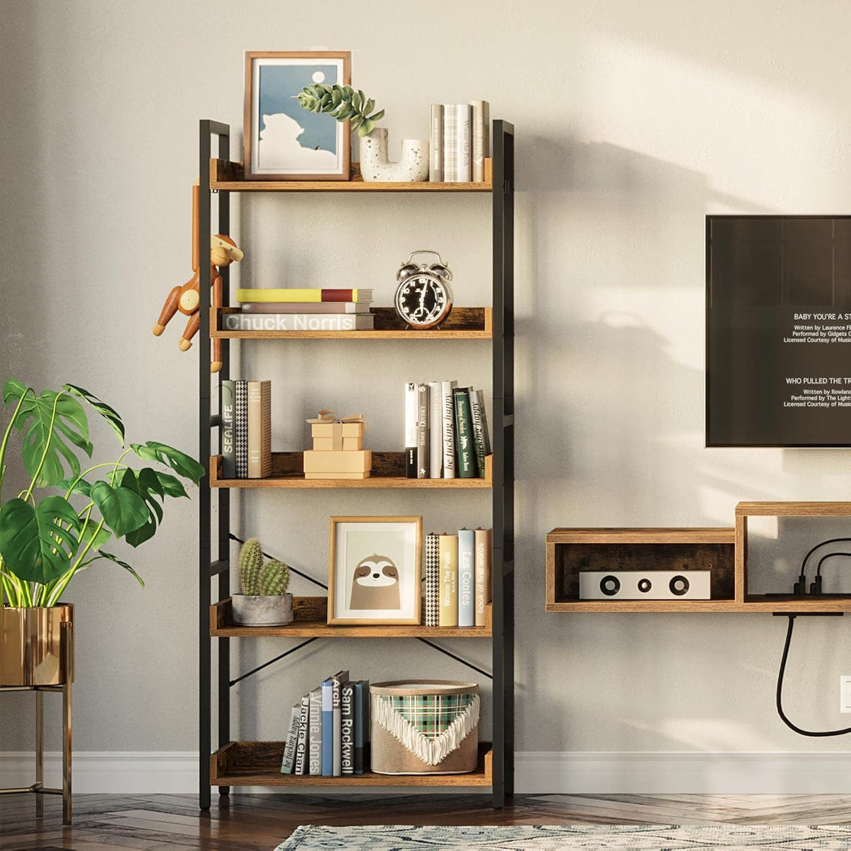 5 Tier Wood Bookshelf with 4 Hooks E72974