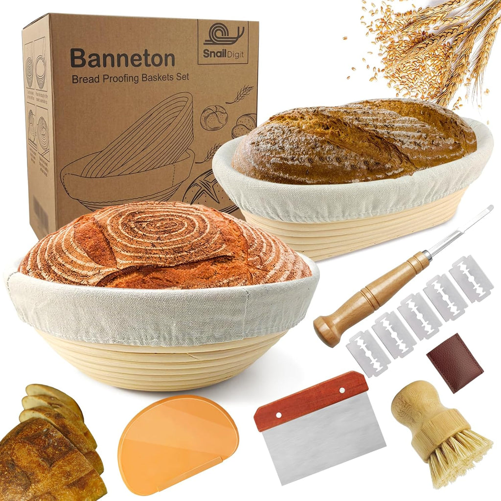 9 Inch Round & 10 Inch Oval Banneton Bread Proofing Basket with Liner, Bread Lame, Dough Scraper, Cleaning Brush M4921