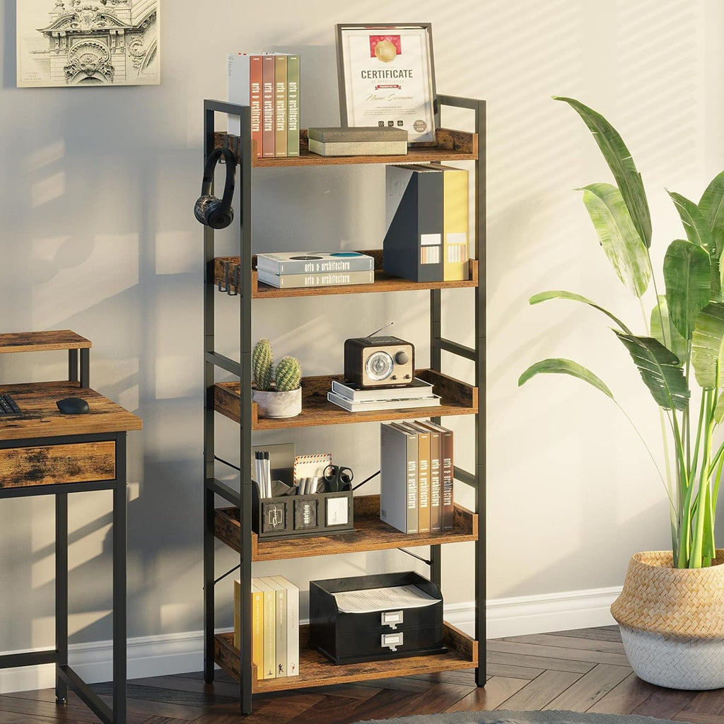 5 Tier Wood Bookshelf with 4 Hooks E72974