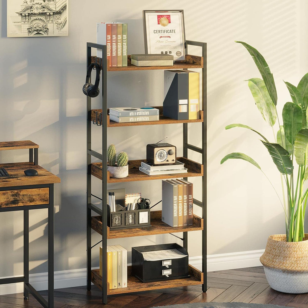 5 Tier Wood Bookshelf with 4 Hooks E72974