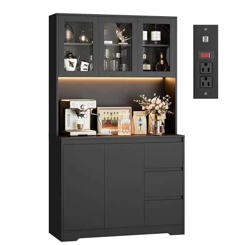 Black 71" Kitchen Pantry Cabinet with LED Lights and Charging Station A206988
