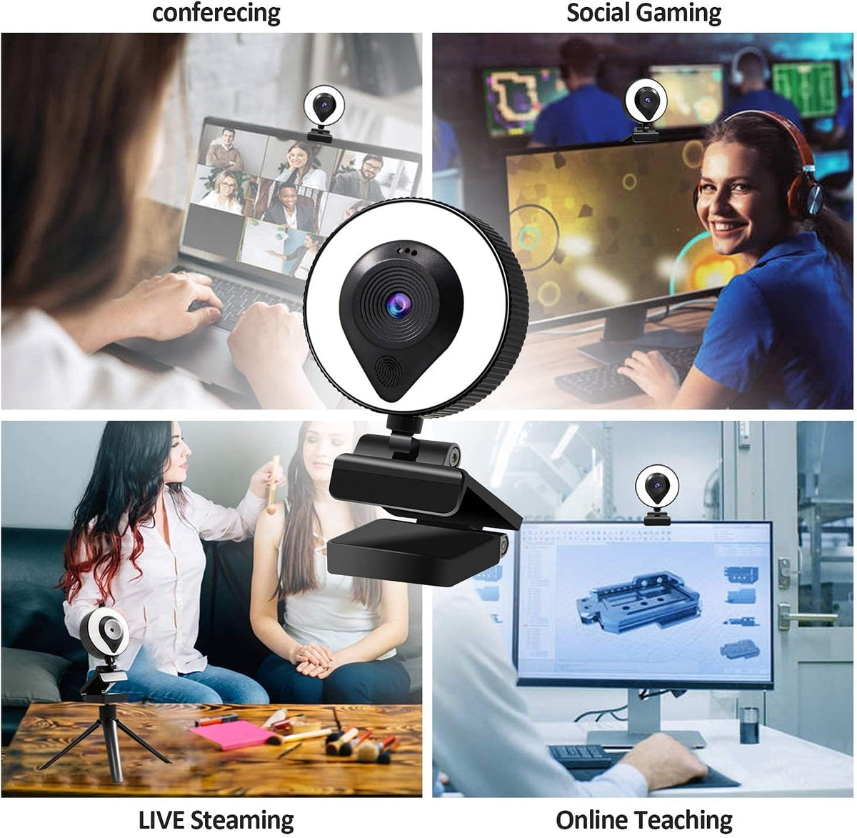 HD Webcam with Microphone Ring Light and Tripod L2450