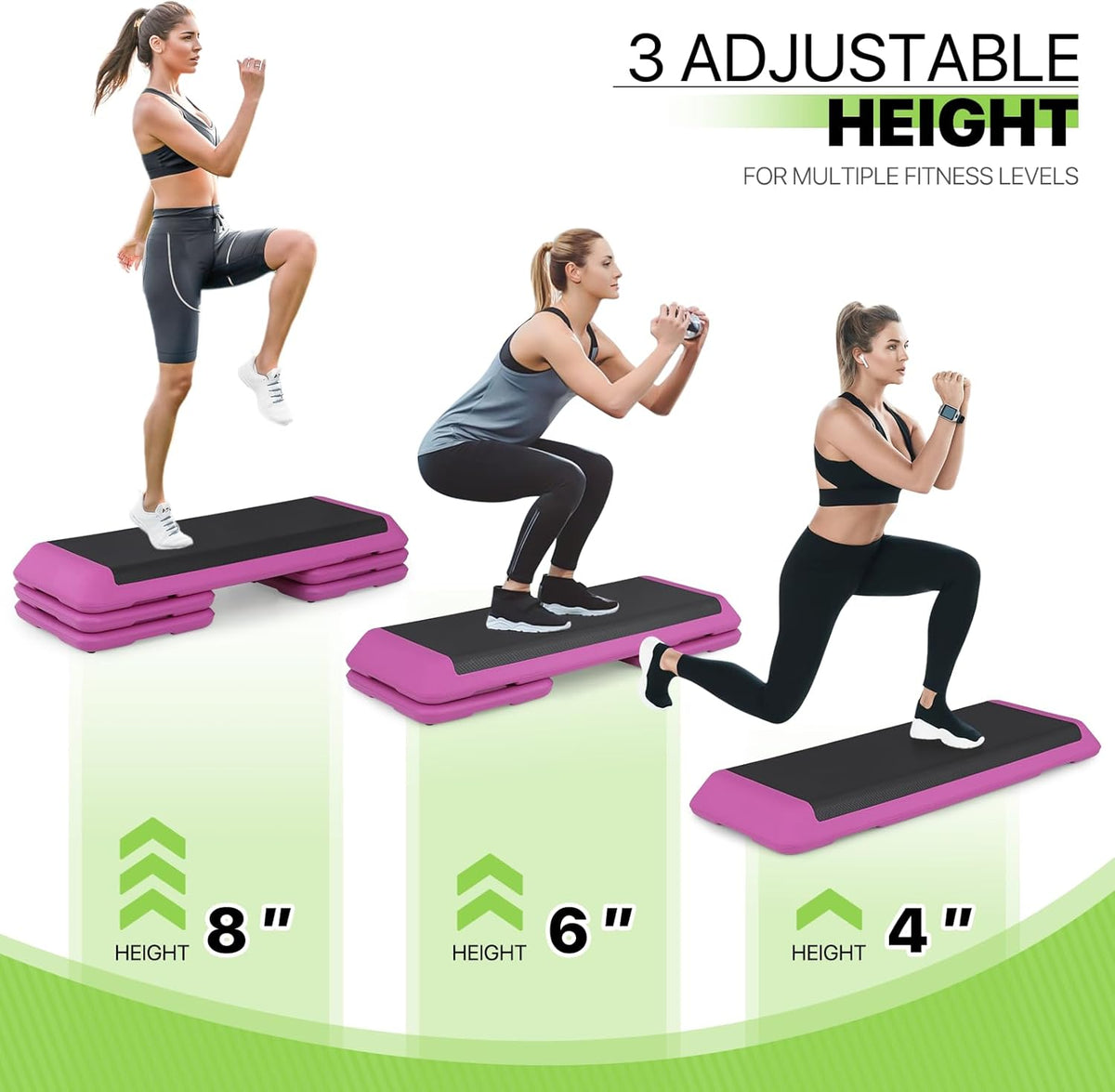 43-Inch Exercise Stepper Platform with Risers, Adjust Height 4 inch - 6 inch - 8 inch, Pink T646066