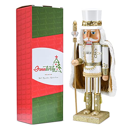 Gold and White Glittered Wooden Nutcracker 14" Y941841