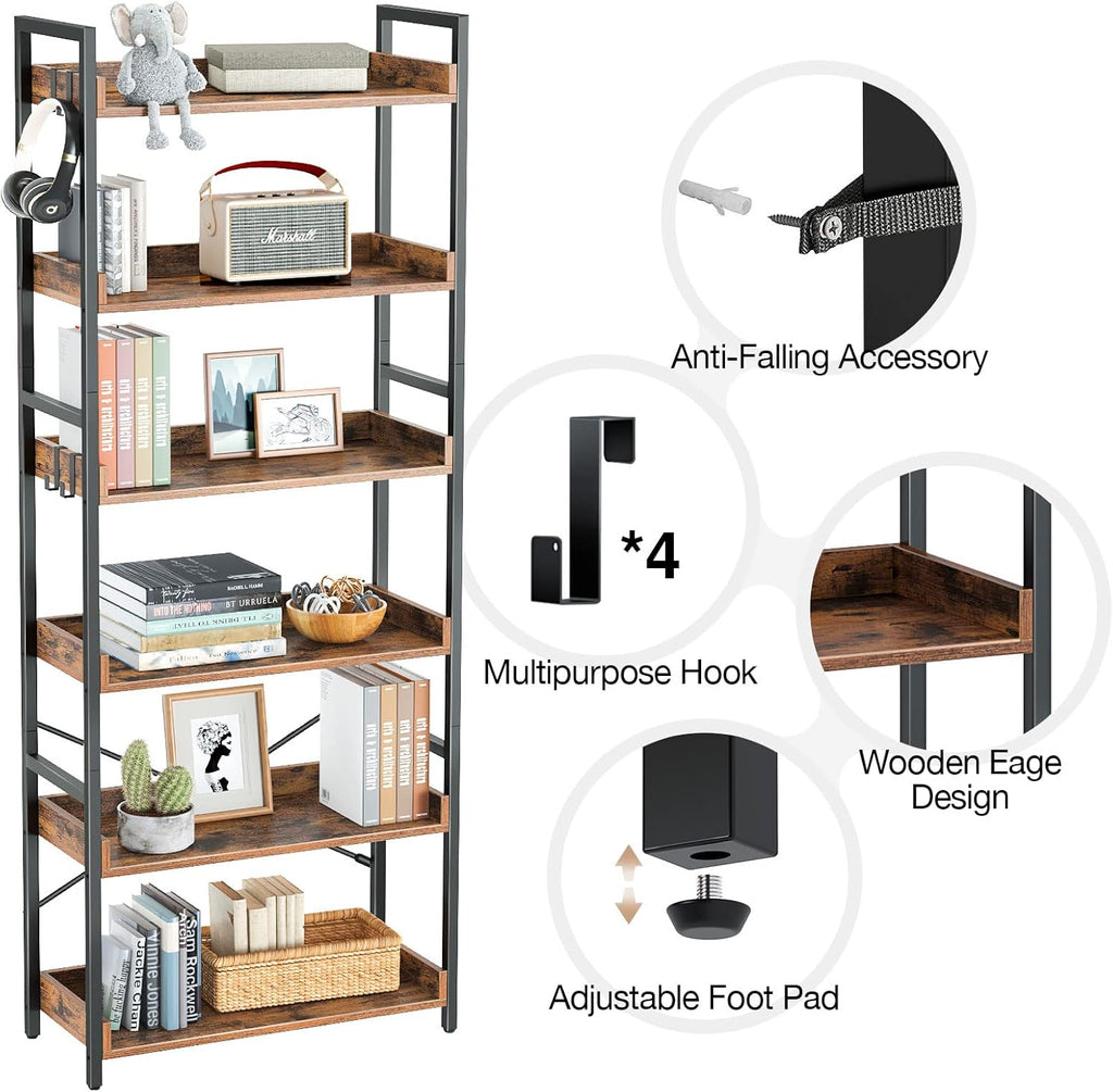 5 Tier Wood Bookshelf with 4 Hooks E72974