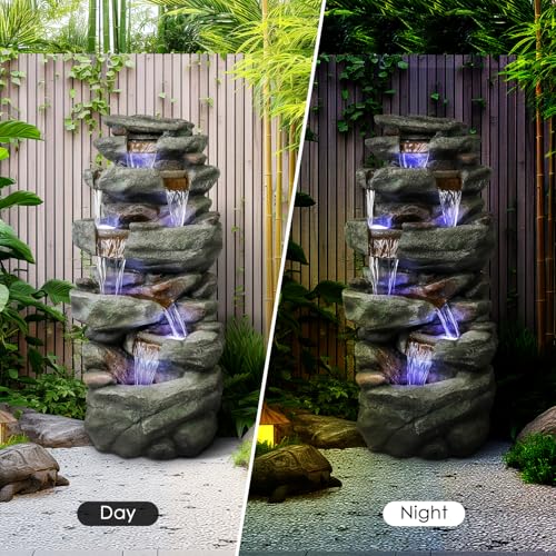 40" High 6-Tiers Cascading Rock Outdoor Water Fountain with LED Lights L3104
