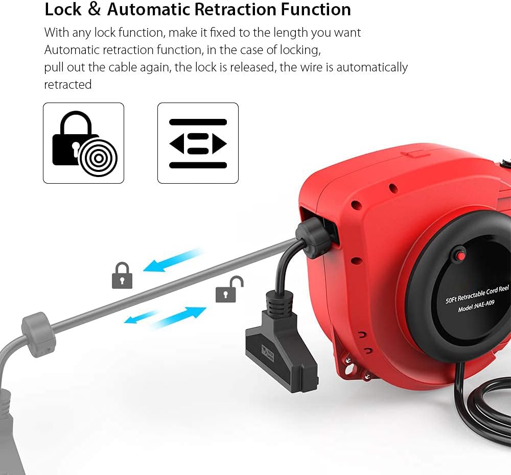 50FT Retractable Extension Cord Reel, 14AWG 13A with Triple Tap Outlet M313305
