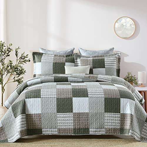 100% Cotton Navy Blue Grey Plaid Queen Size 3 Pieces Quilt H1766