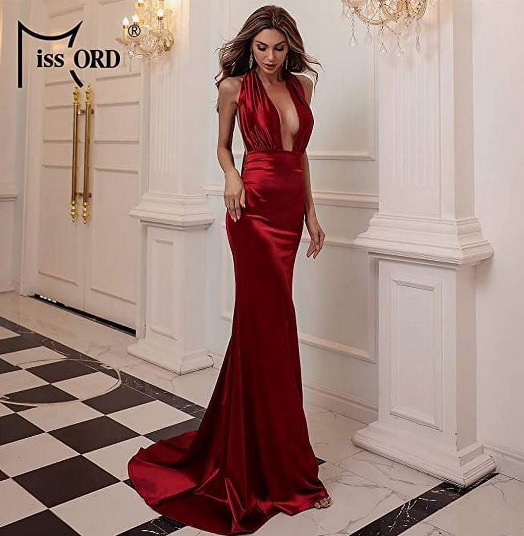 Red Medium V Neck Sleeveless Long Halter Dress A5975