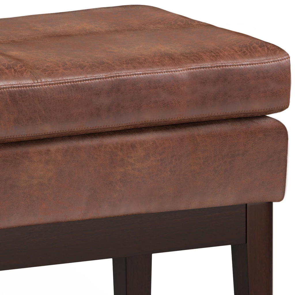 26 inch Wide Small Ottoman Bench in Distressed Saddle Brown Faux Leather O589