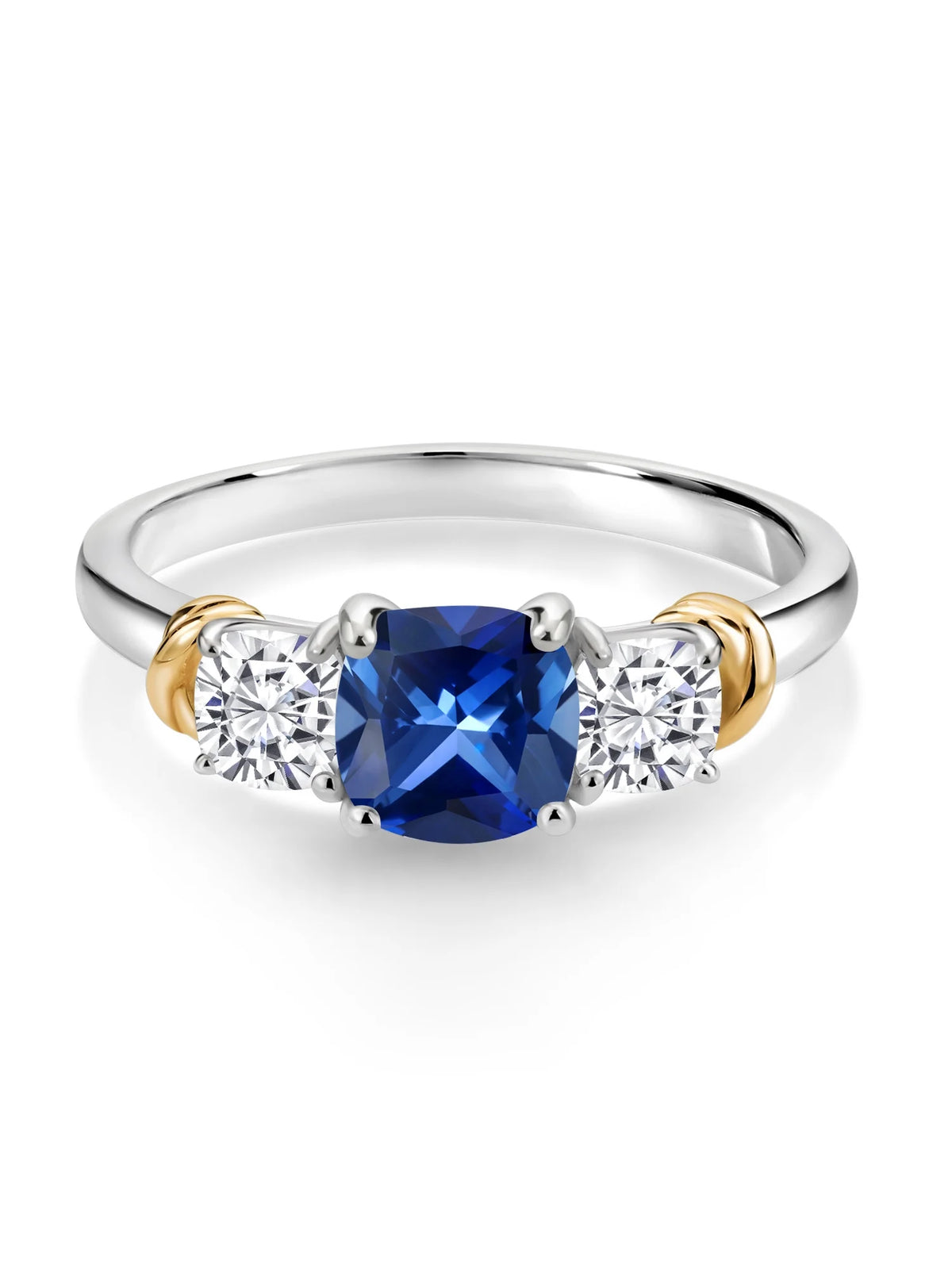 925 Sterling Silver 10K Yellow Gold Blue Created Sapphire White Moissanite 3 Stone Engagement Ring K82147