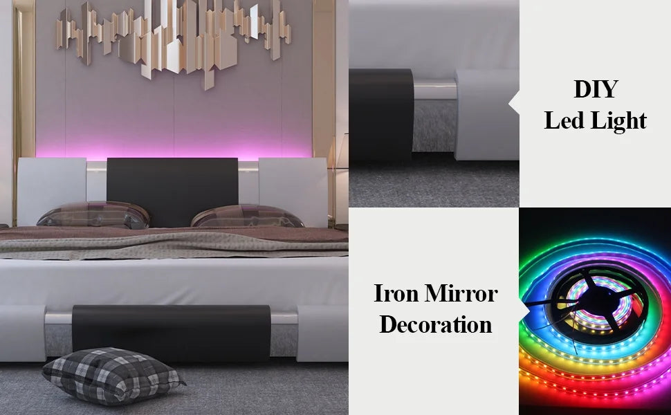 King Size Bed Frame with Led Light and Faux Leather Headboard M67642
