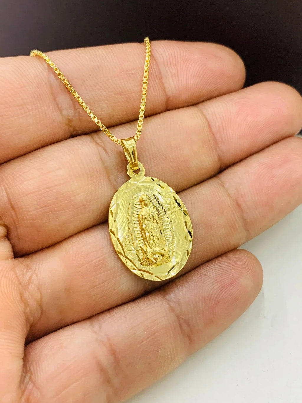 14K Gold Filled Virgen de Guadalupe Necklace Pendant 26x18mm 20" D989