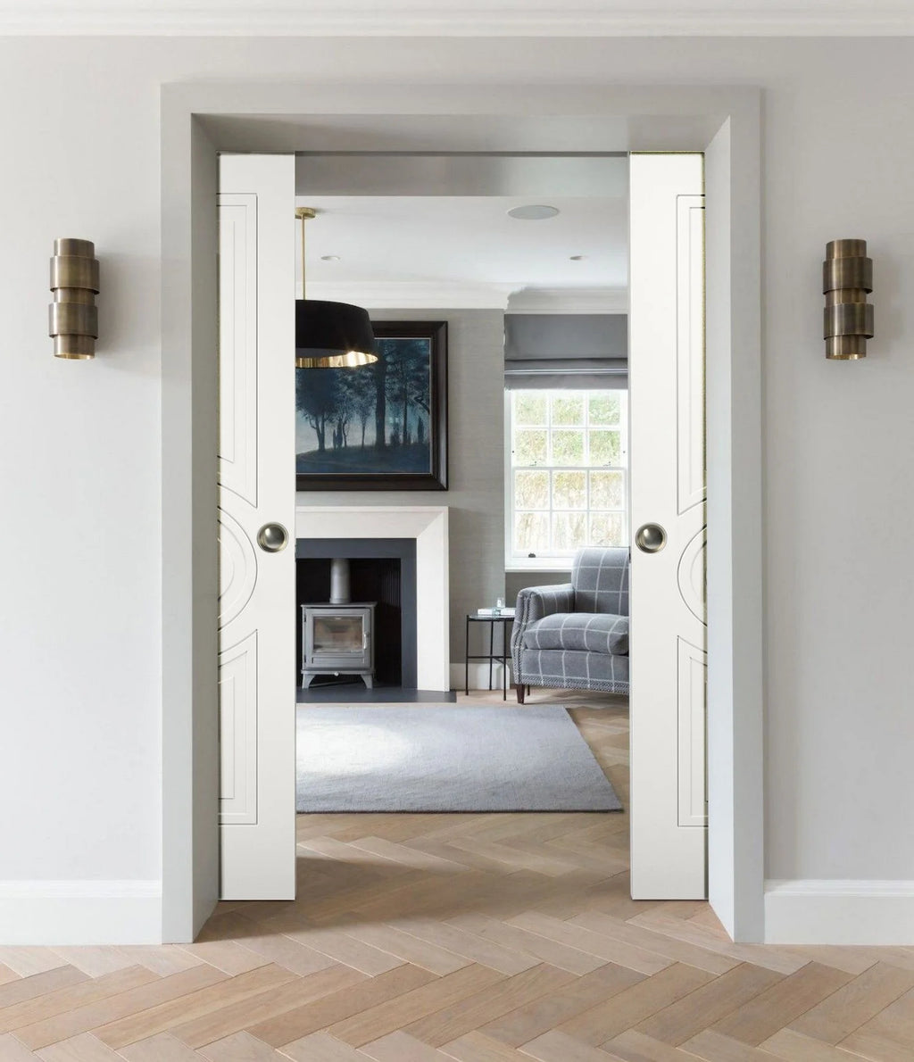 Matte White MDF Sliding French Double Pocket Doors with Kit Rail Hardware T6477