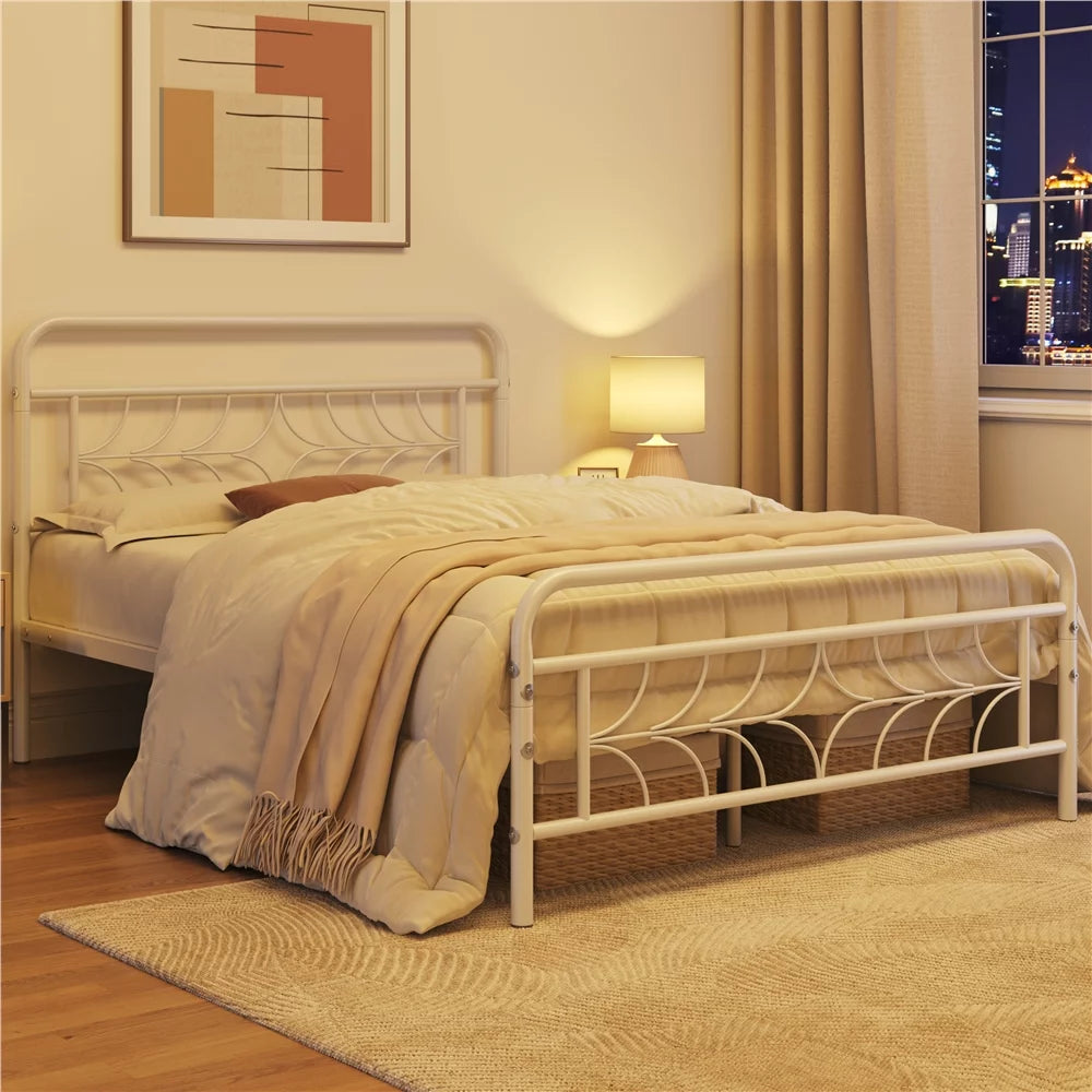 White Full Size Metal Bed with Headboard and Footboard D39913
