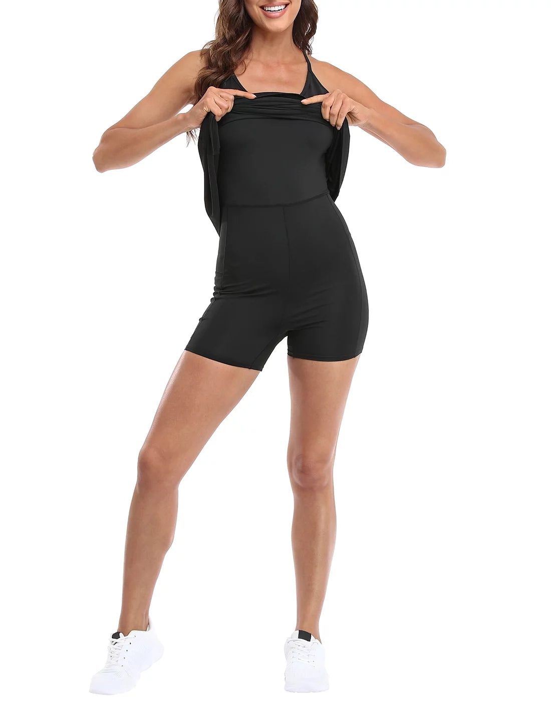 Black Sleeveless Athletic Workout Dress with Built in Shorts U9211