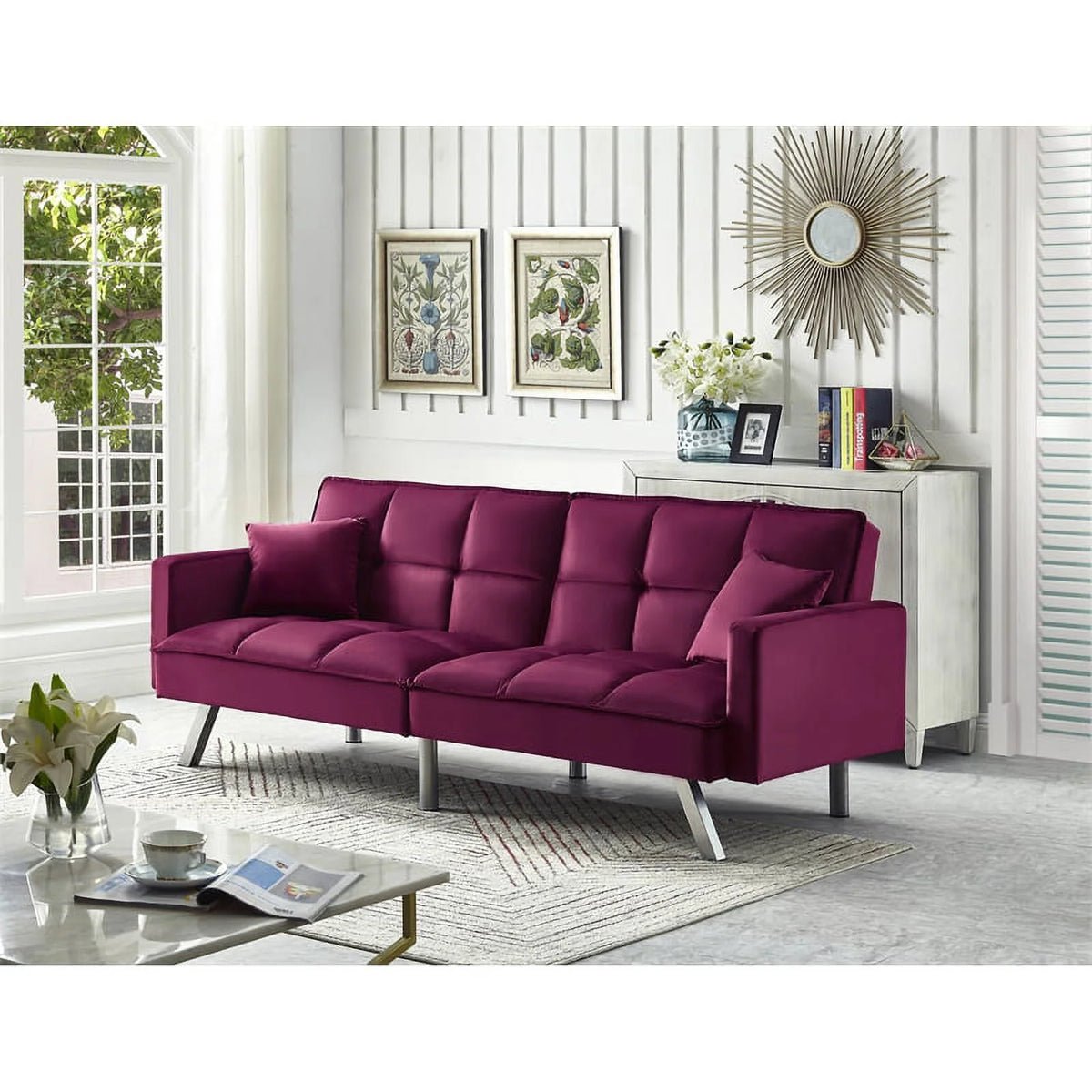 80" Convertible Wood & Velvet Fabric Sleeper Sofa Bed in Red H199