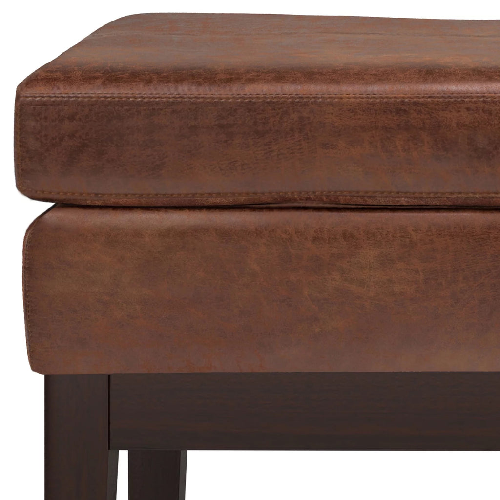 26 inch Wide Small Ottoman Bench in Distressed Saddle Brown Faux Leather O589