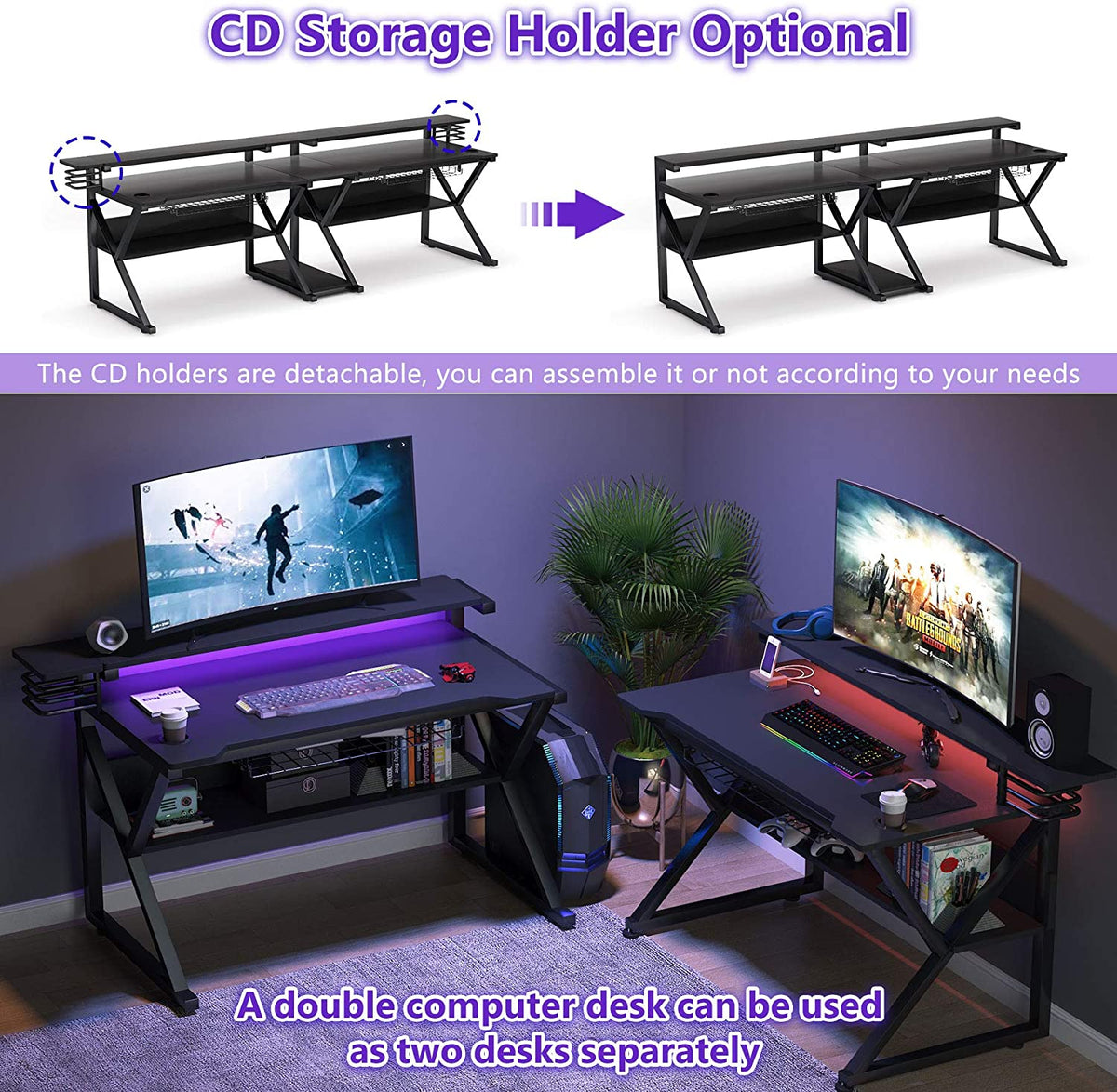 Double Gaming Desk with Hutch Monitor Stand Riser, 102-Inch Two Person Computer Desk with Storage Bookshelf P558523