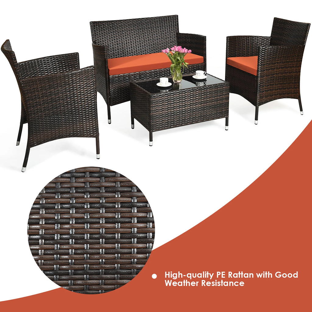 4 Pc Patio Rattan Conversation Furniture Set with Orange Cushion G561438
