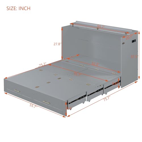 Queen Size Murphy Wall Bed with USB Charging Station and Storage Drawer Q263973