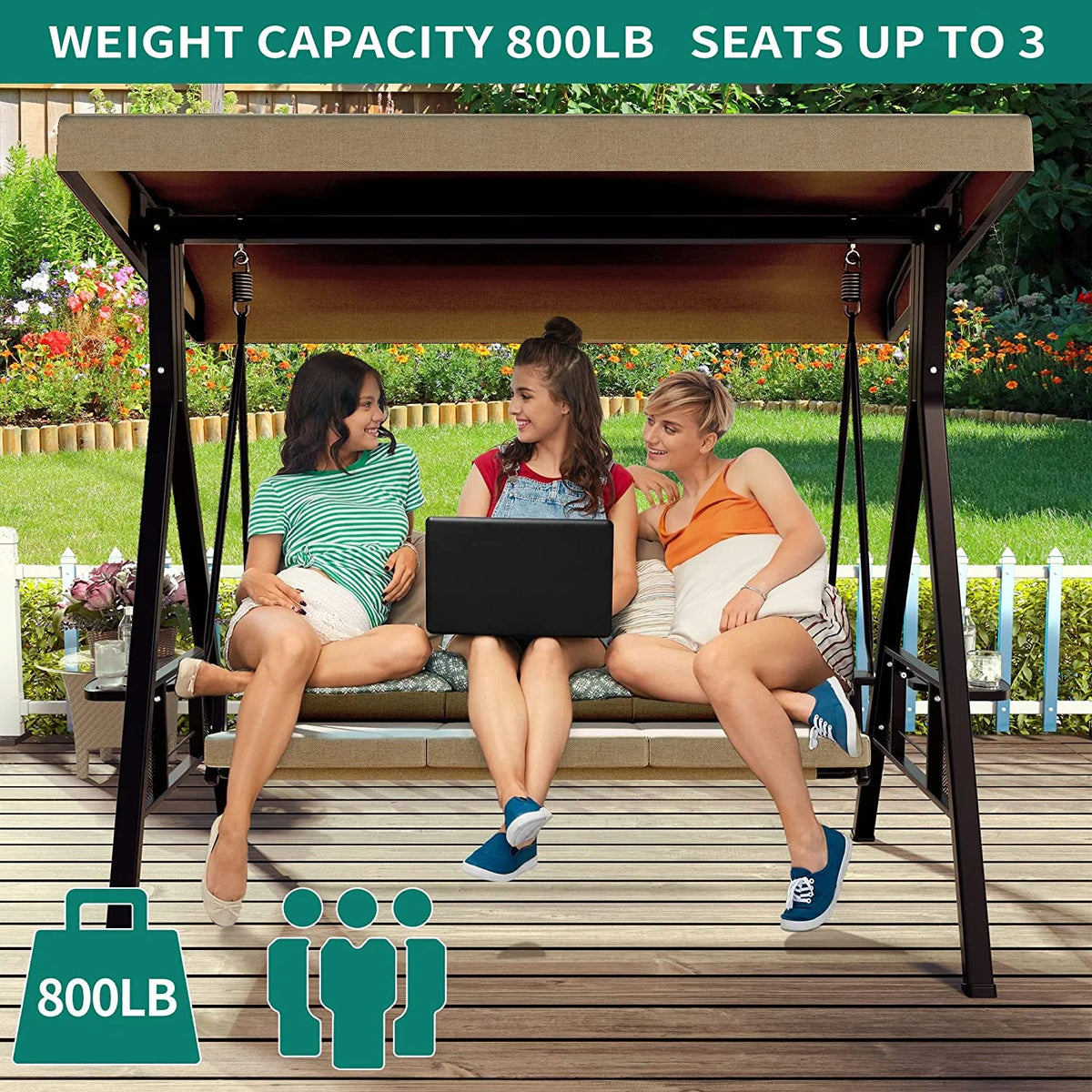 3 Person Outdoor Patio Swing Chair with Adjustable Canopy and Cushion P345