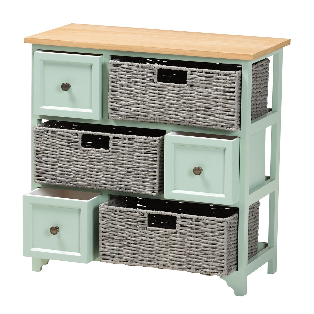 Oak Brown and Mint Green Wood 3-Drawer Storage Unit with Baskets U122