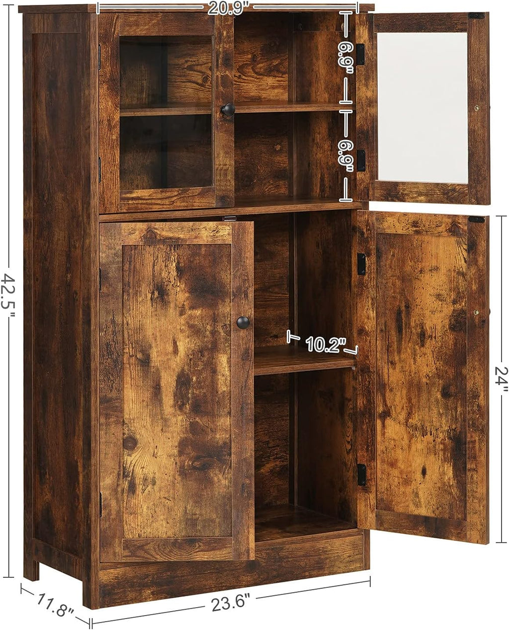 Rustic Brown Freestanding Bathroom Floor Storage Cabinet with Glass Door and Adjustable Shelf K46937