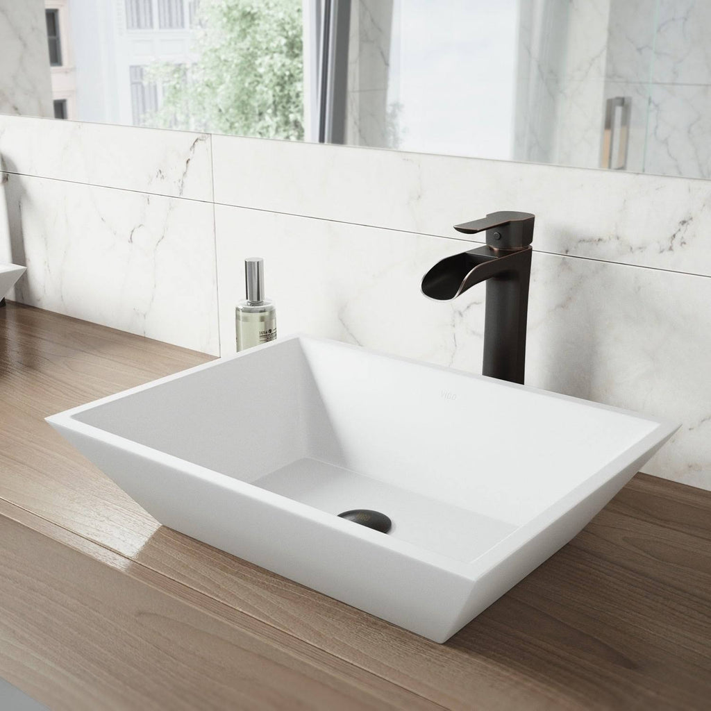 Matte Stone Vessel Bathroom Sink with Vessel Faucet in Antique Rubbed Bronze E501916