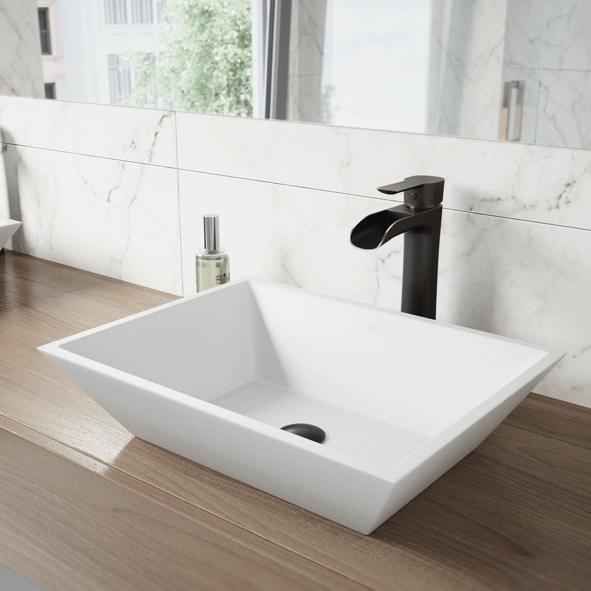 Matte Stone Vessel Bathroom Sink with Vessel Faucet in Antique Rubbed Bronze E501916