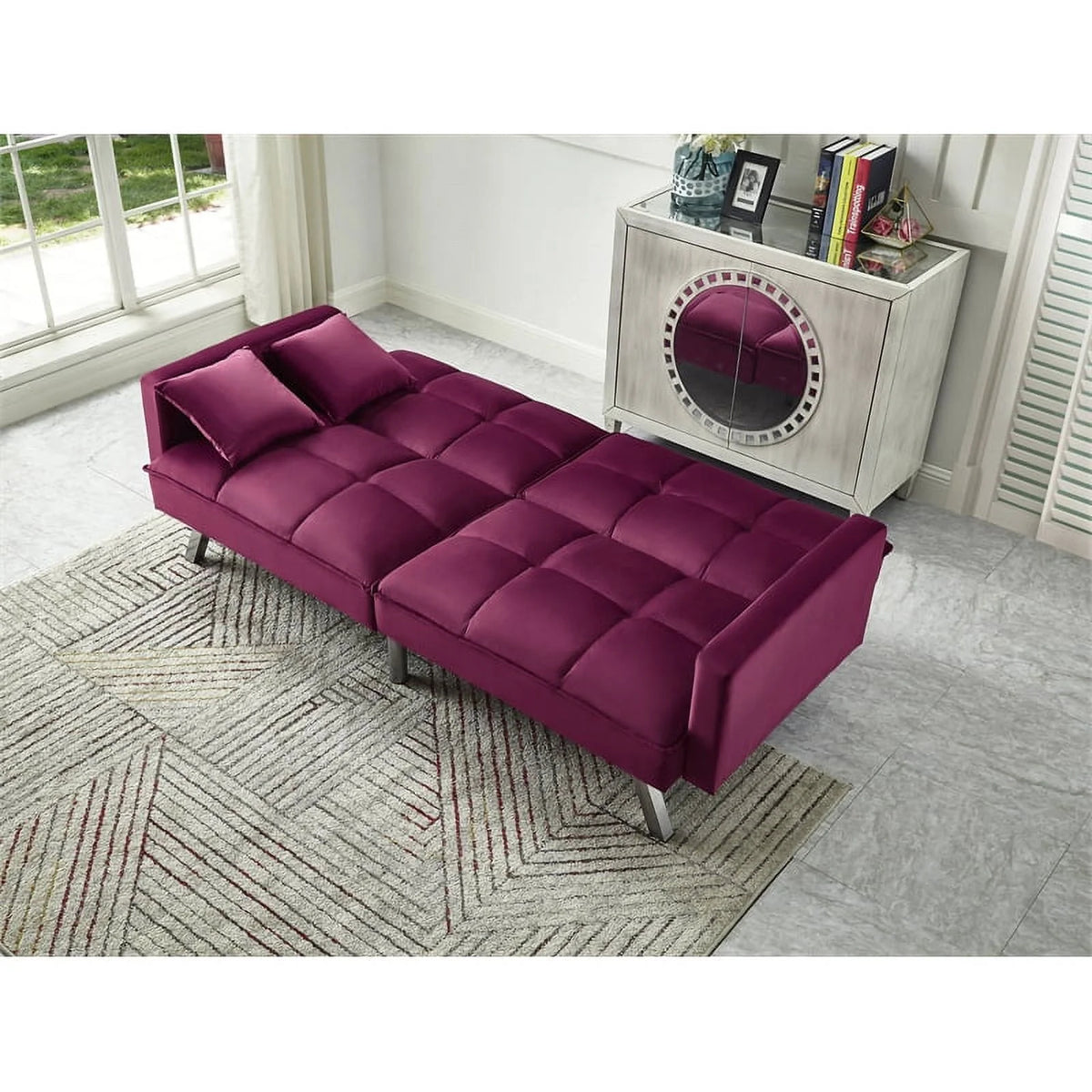 80" Convertible Wood & Velvet Fabric Sleeper Sofa Bed in Red H199