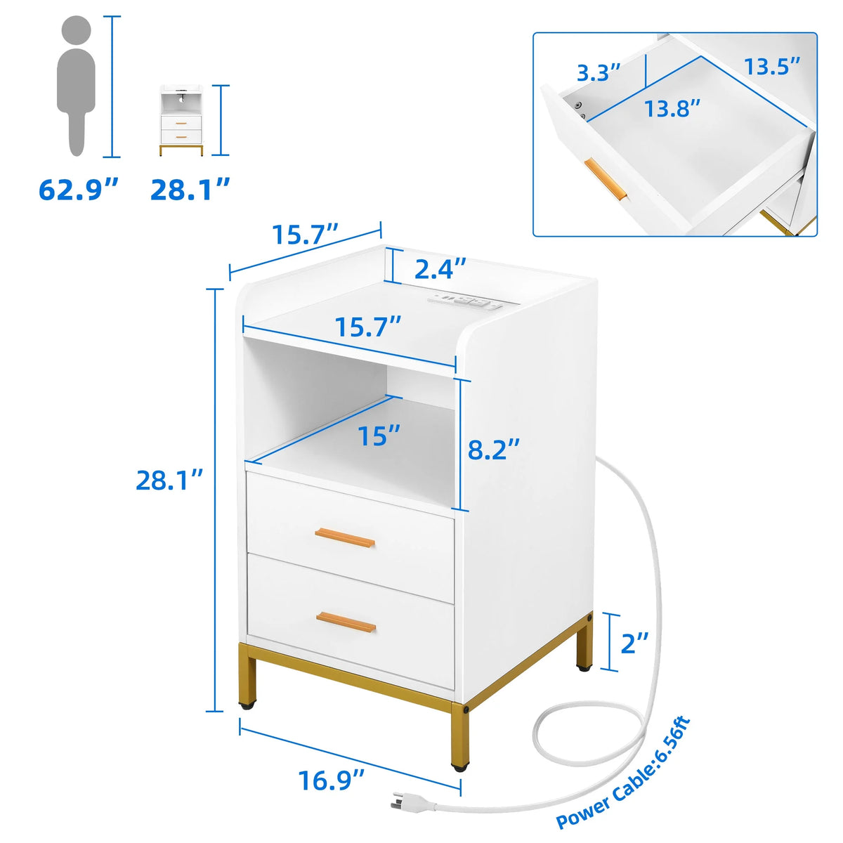 White 3 Drawer Side Table with Charging Station R3198
