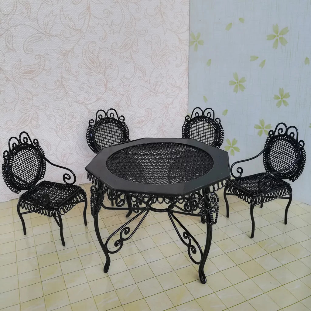 1/12 Scale Black Octagonal Table Chairs Furniture Set E197