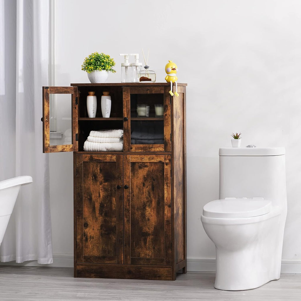 Rustic Brown Freestanding Bathroom Floor Storage Cabinet with Glass Door and Adjustable Shelf K46937
