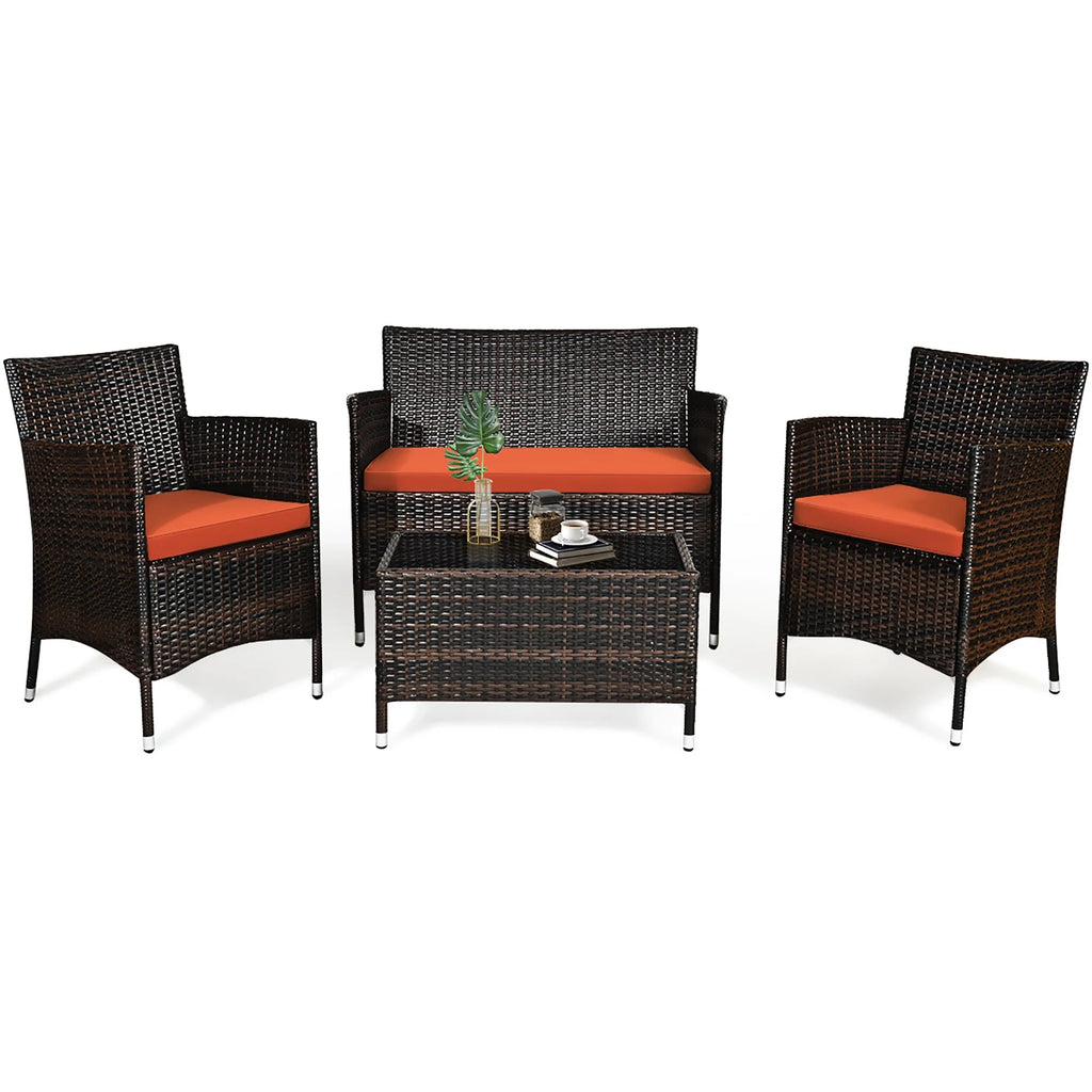 4 Pc Patio Rattan Conversation Furniture Set with Orange Cushion G561438