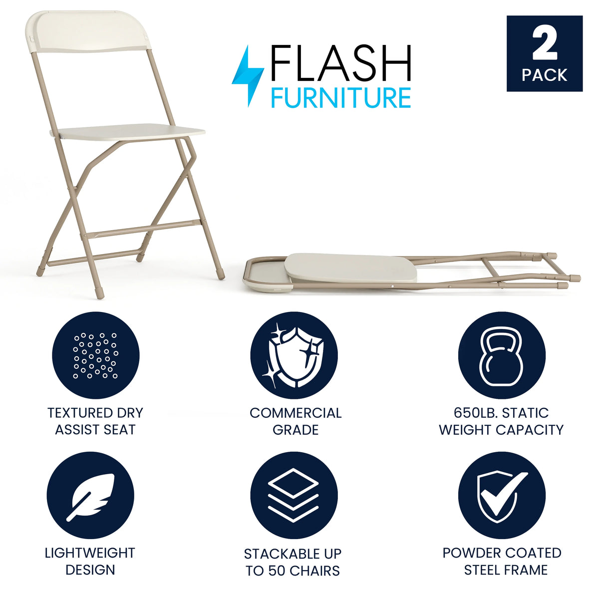 Beige Plastic Folding Chair 2 Pack 650LB Weight Capacity Y5043