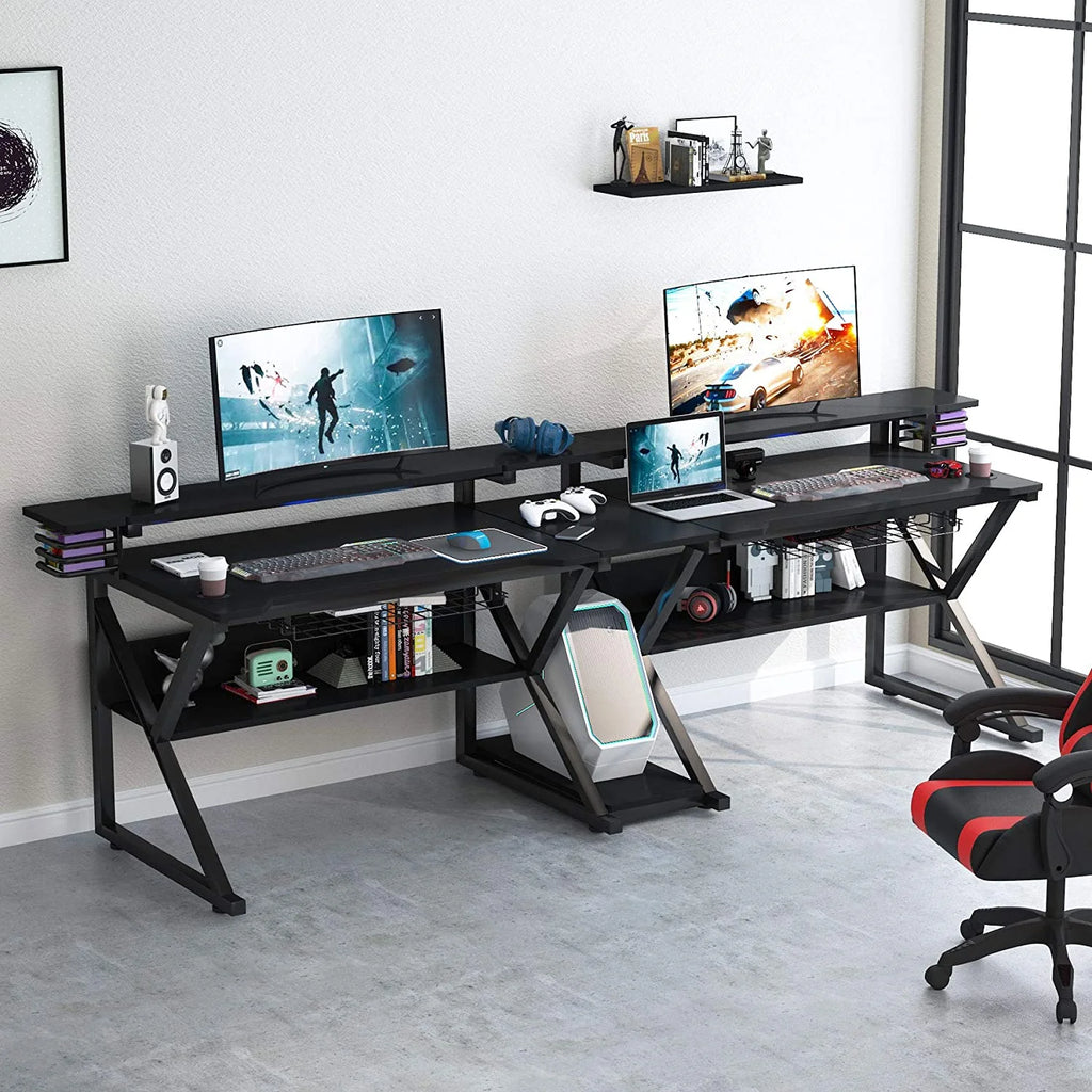Double Gaming Desk with Hutch Monitor Stand Riser, 102-Inch Two Person Computer Desk with Storage Bookshelf P558523