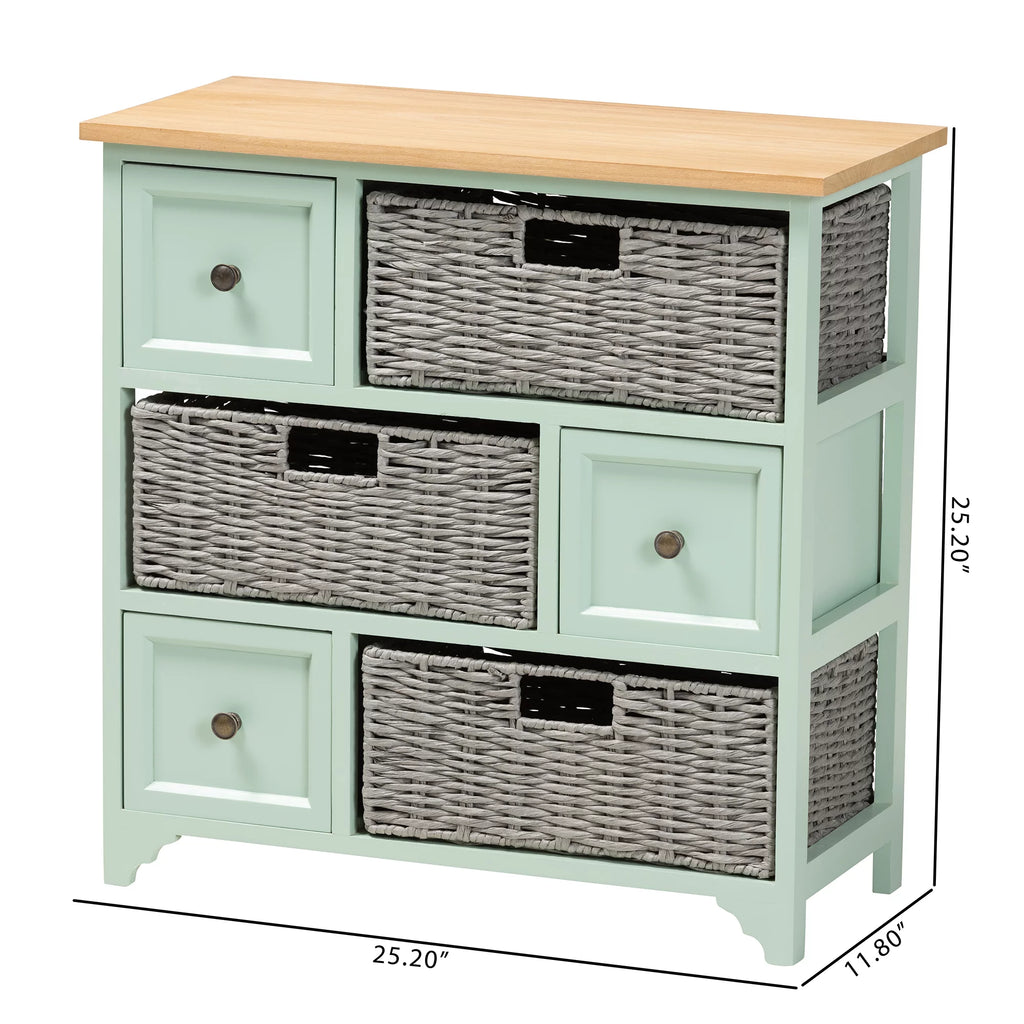 Oak Brown and Mint Green Wood 3-Drawer Storage Unit with Baskets U122