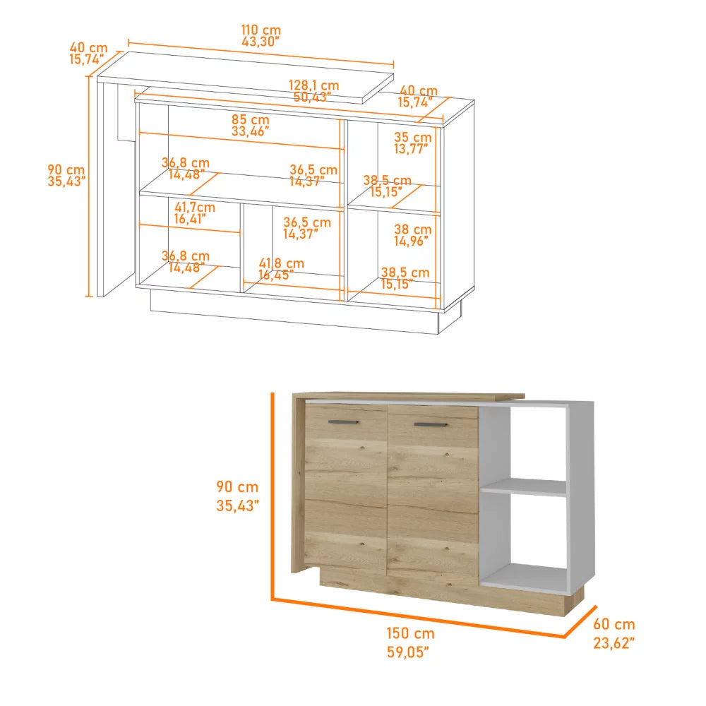2-Piece White and Light Oak Kitchen Island and Pantry Cabinet Y2388