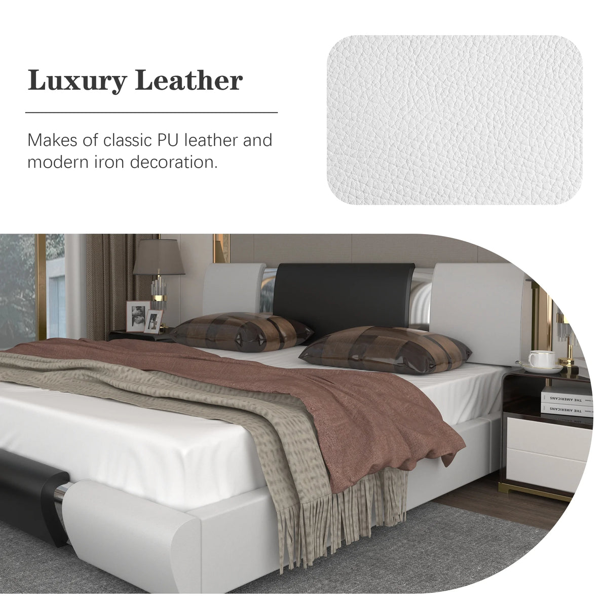King Size Bed Frame with Led Light and Faux Leather Headboard M67642