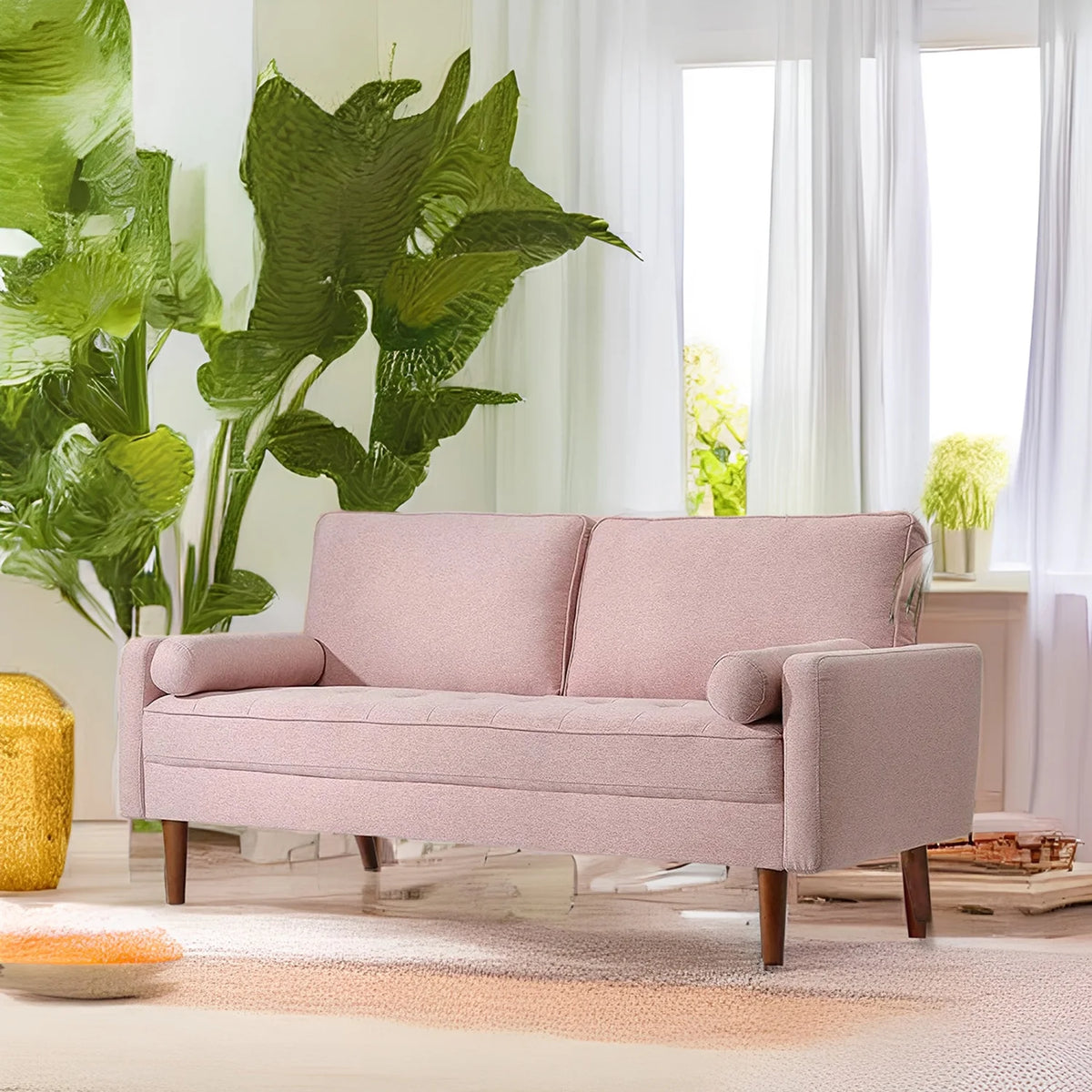 Pink Linen 2 Seater Sofa with 2 Pillows I379