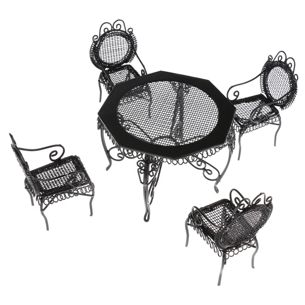 1/12 Scale Black Octagonal Table Chairs Furniture Set E197