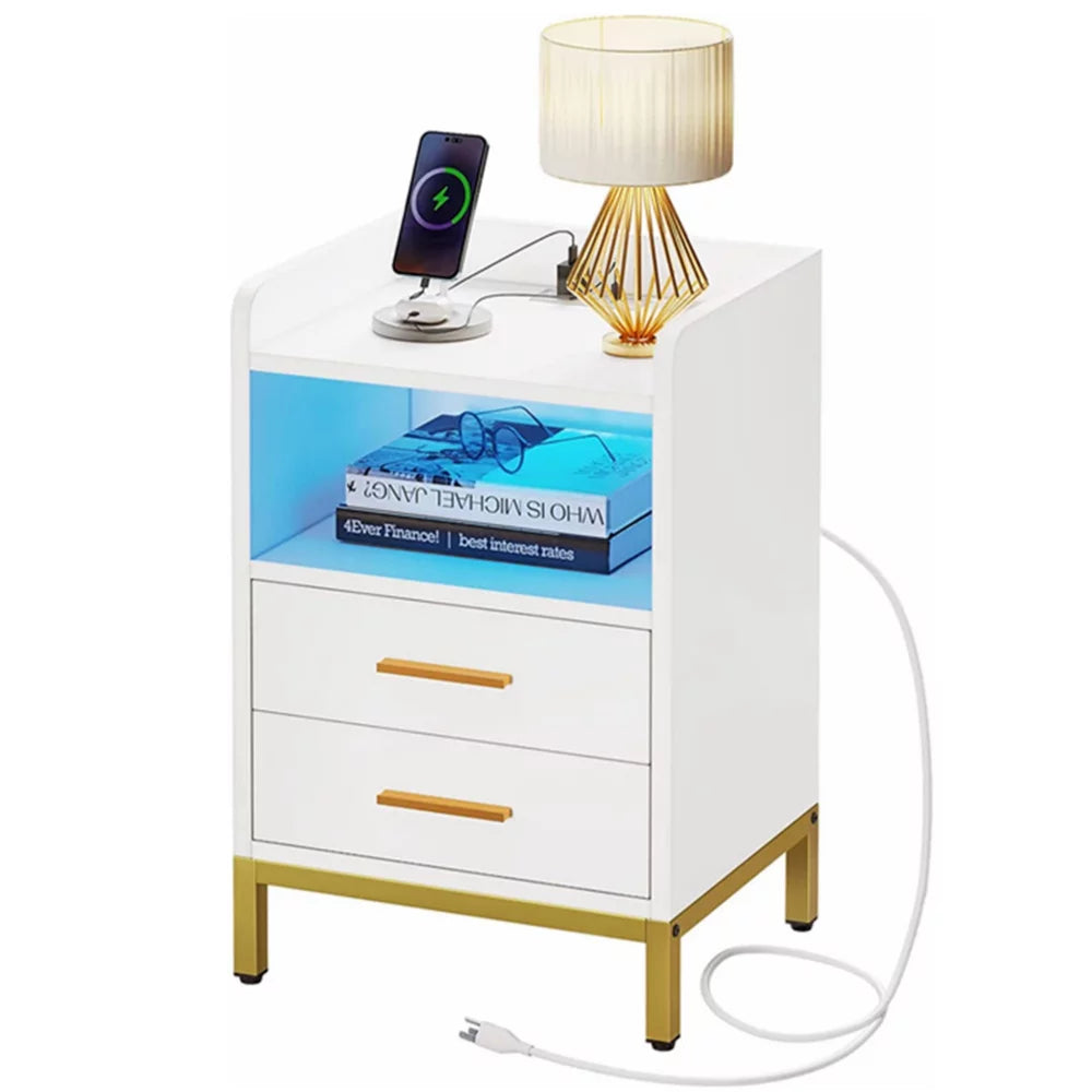 White 3 Drawer Side Table with Charging Station R3198