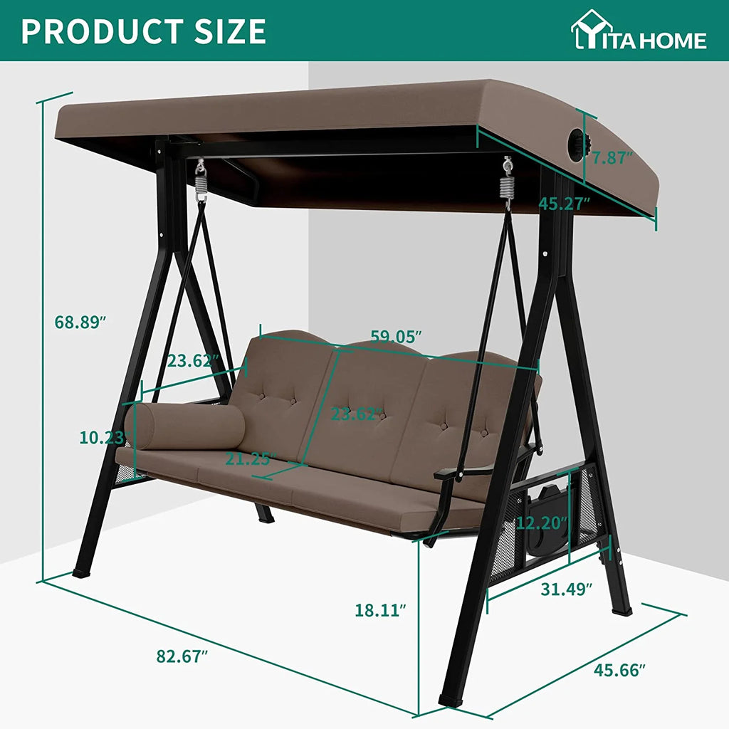 3 Person Outdoor Patio Swing Chair with Adjustable Canopy and Cushion P345